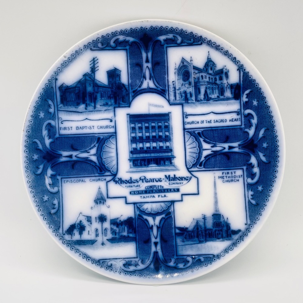 Rhodes-Pearce-Mahoney Tampa Florida Souvenir Plate Flow Blue 7.75"